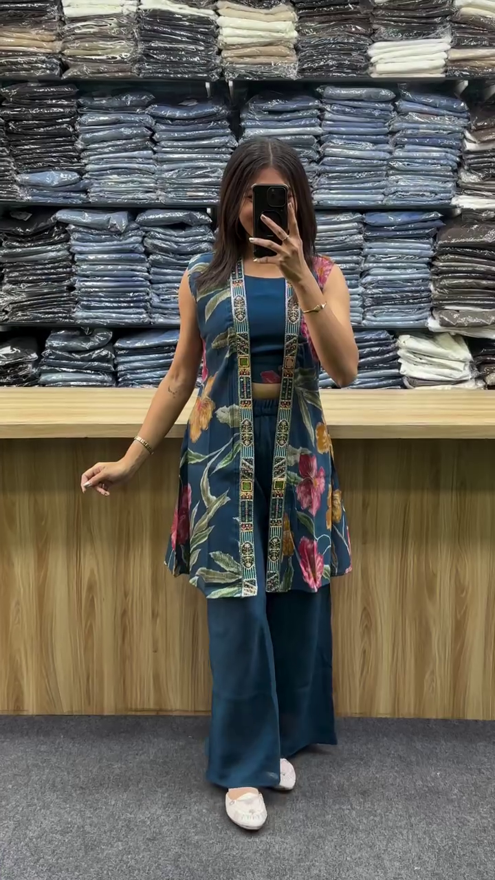 Top With Embroidered Border Long Front Open Jacket And Matching  Palazzo