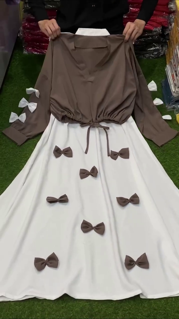 Chic Dual-Tone Coffee Brown & Ivory White Co-Ord Set with Elasticated Drawstring Crop Top and A-Line Bow Embellished Skirt for Women