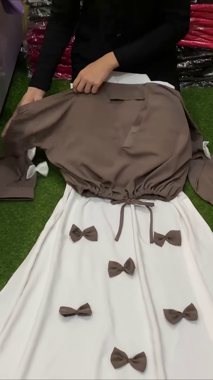 Chic Dual-Tone Coffee Brown & Ivory White Co-Ord Set with Elasticated Drawstring Crop Top and A-Line Bow Embellished Skirt for Women
