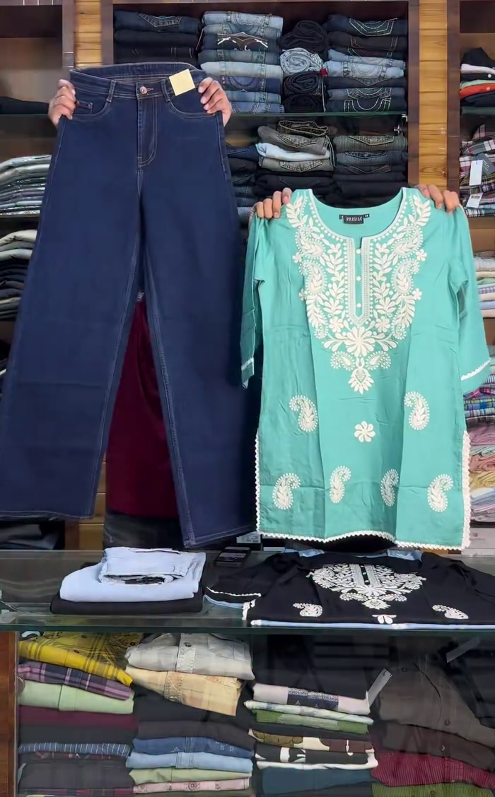 🖤✨ Royal Noir Embroidered Kurti with Classic Denim Flair Pants Set 💙👖