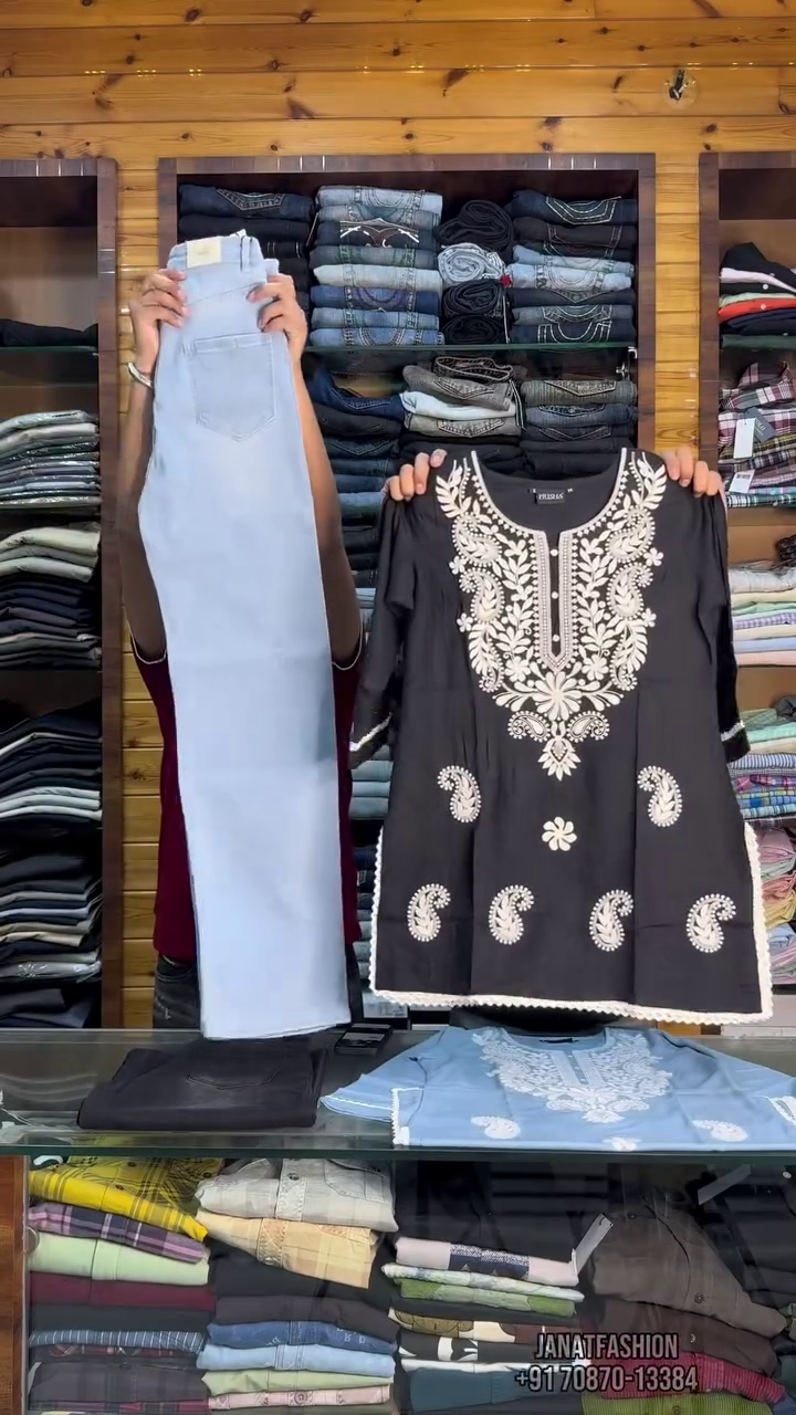 🖤✨ Royal Noir Embroidered Kurti with Classic Denim Flair Pants Set 💙👖