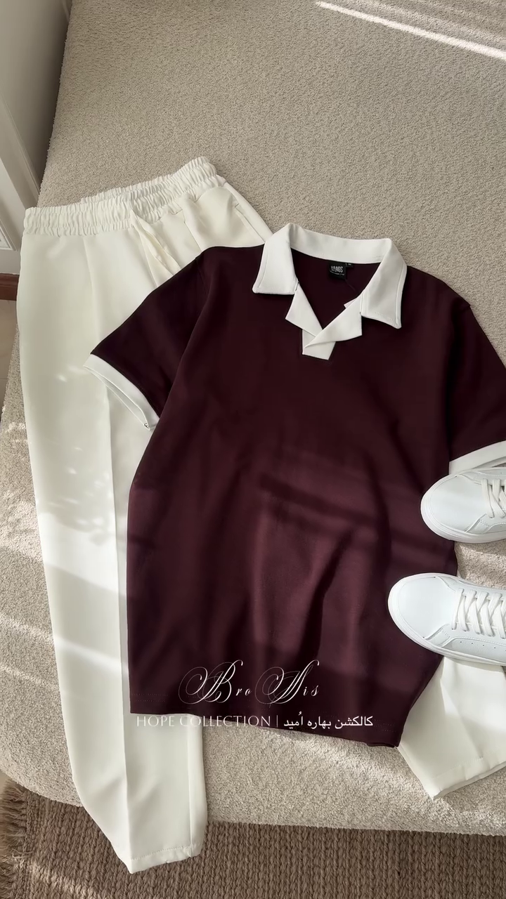 🍷✨ Luxe Wine Contrast Collar Top with Ivory Comfort Pants Co-Ord Set 🤍👖