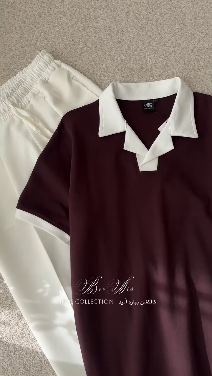 🍷✨ Luxe Wine Contrast Collar Top with Ivory Comfort Pants Co-Ord Set 🤍👖