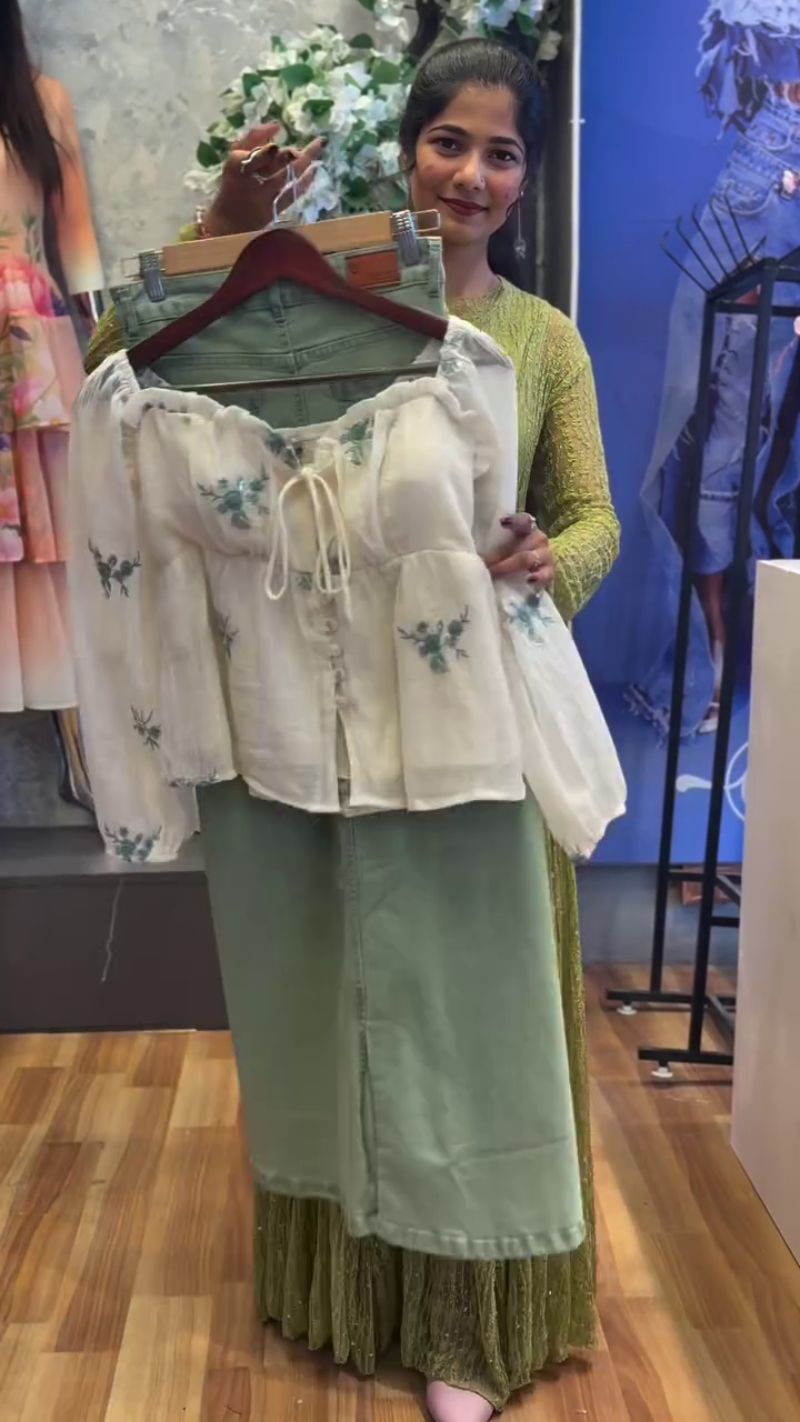 🌿✨ Mint Dream Floral Corset Top with Denim Skirt Co-Ord Set 💚👗