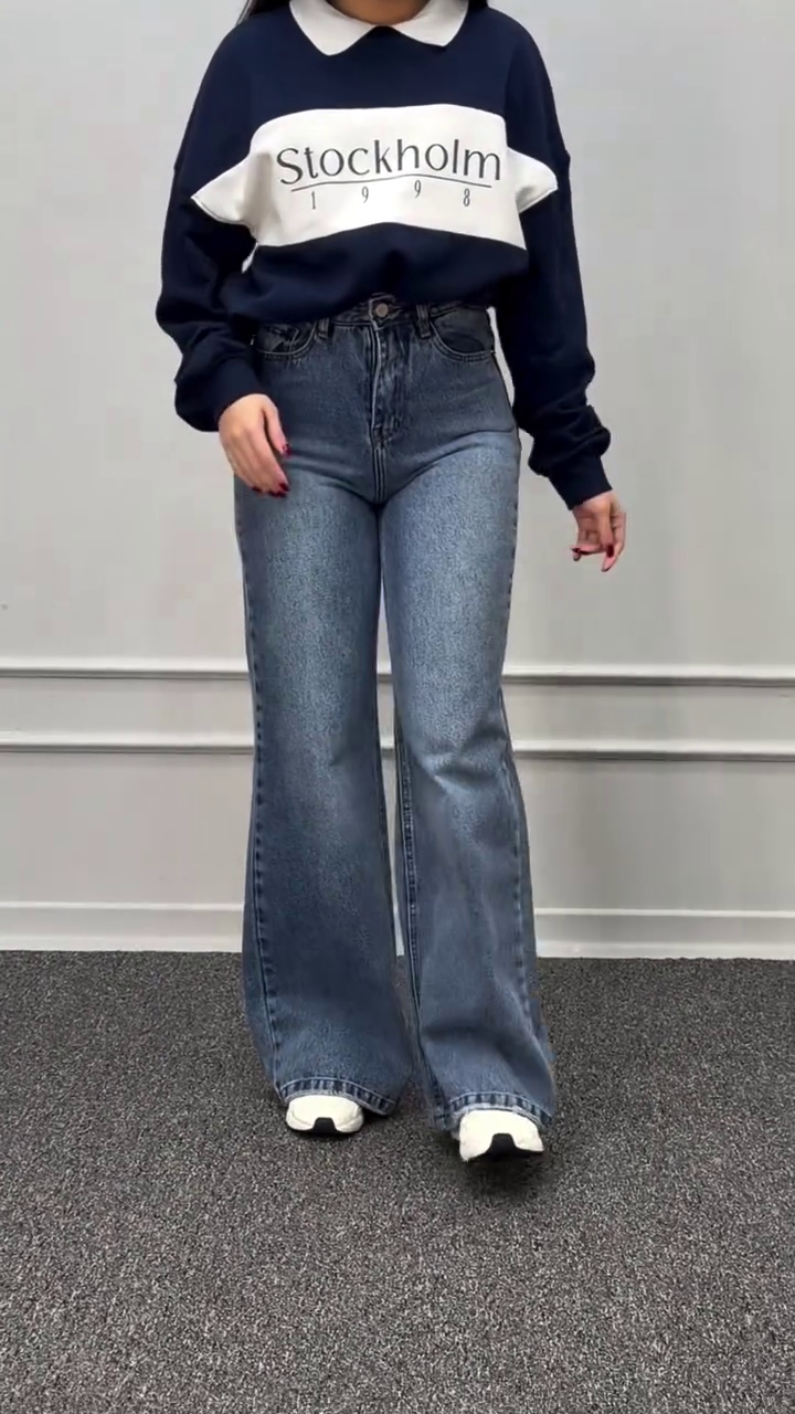 💙✨ Vintage Wash High-Waist Wide Leg Denim Jeans – Street Style Essential 👖🔥