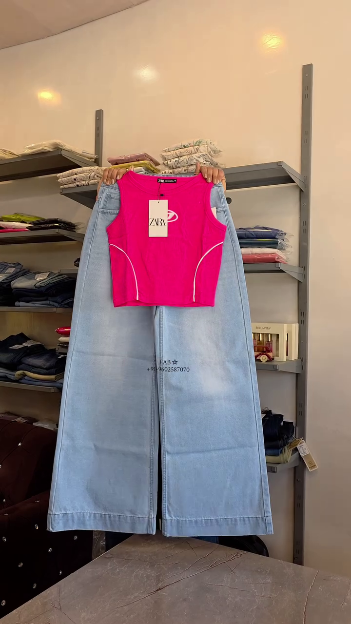 Neon Pop Sleeveless Crop Top & Light Wash Wide-Leg Denim Co-Ord Set 💖👖✨