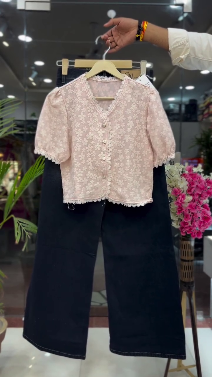 Blush Bloom Lace Detail Crop Top with Elegant Black Wide-Leg Pants Co-Ord Set