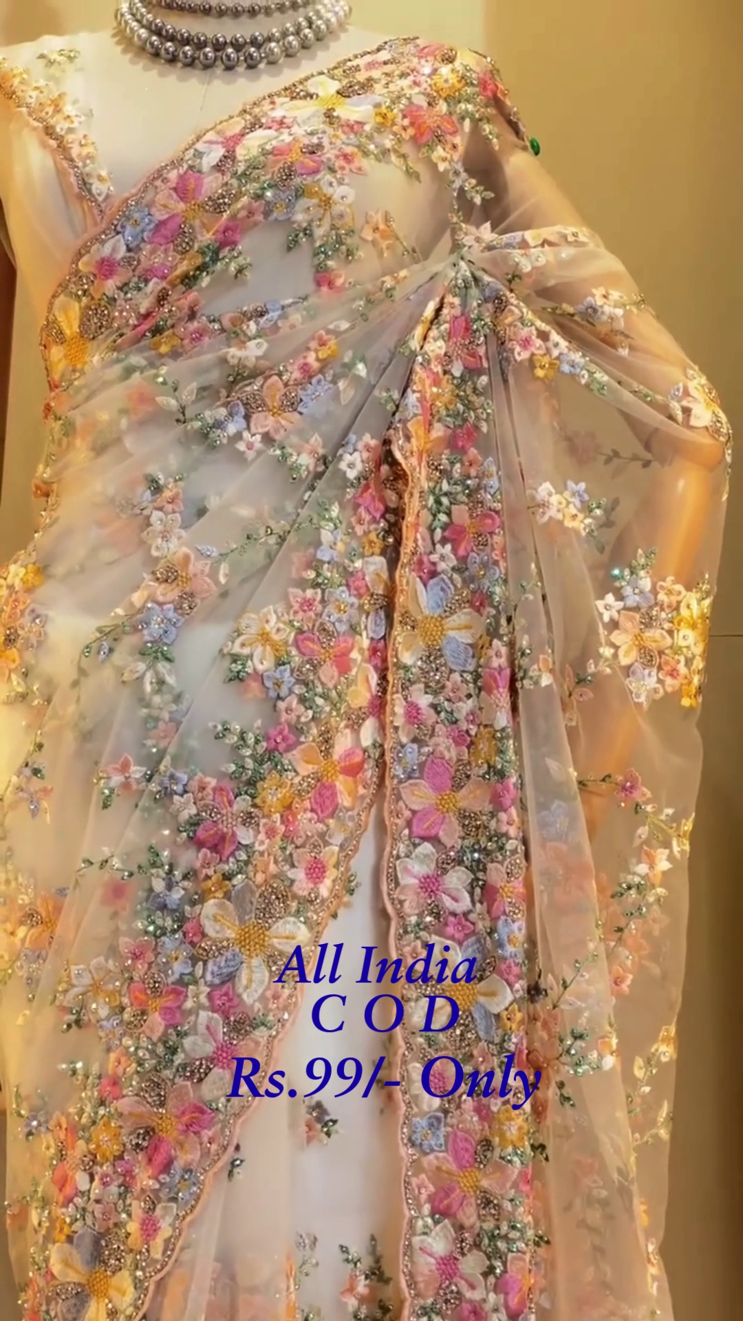 Luxury Pastel Floral Embroidered Net Saree with Handcrafted 3D Floral Appliqué Work 🌸✨🌿💎