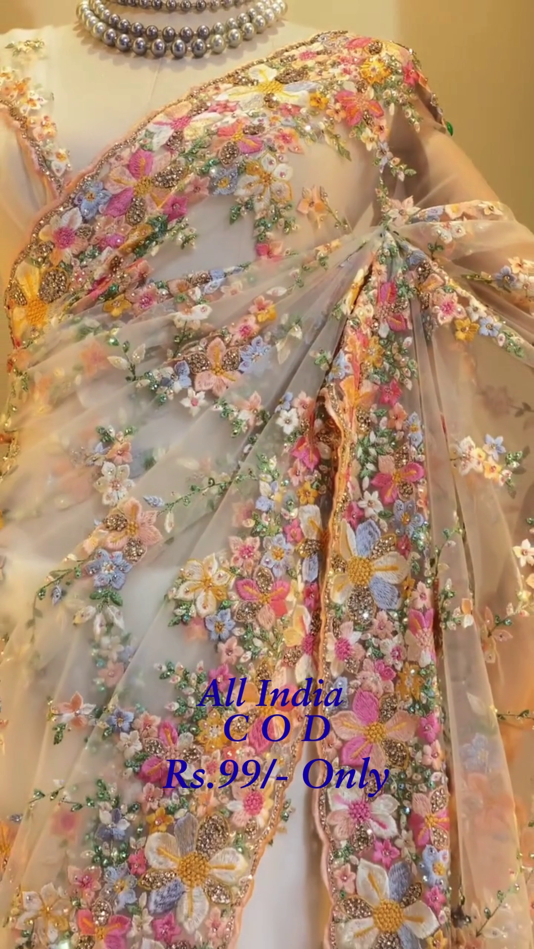 Luxury Pastel Floral Embroidered Net Saree with Handcrafted 3D Floral Appliqué Work 🌸✨🌿💎