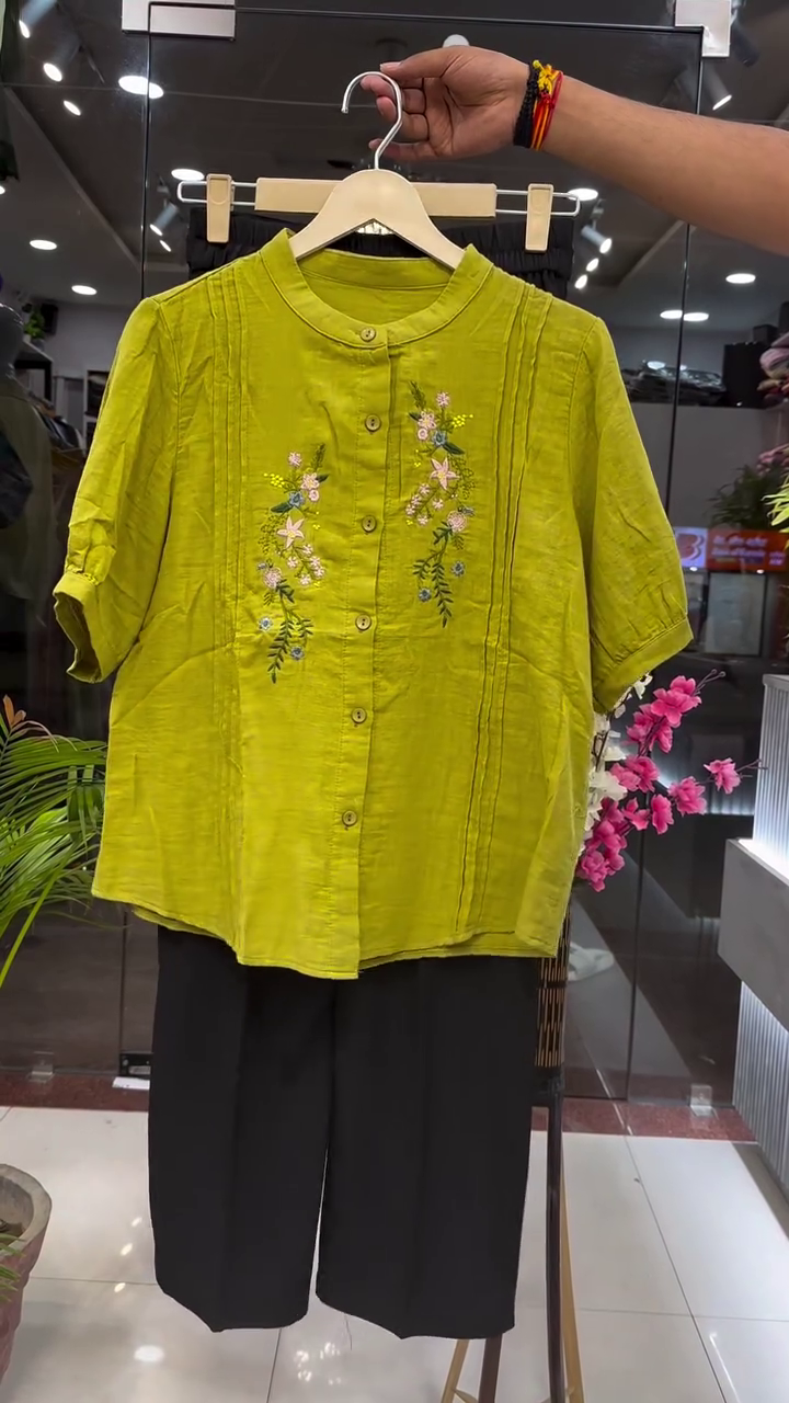 🌿 Premium Olive Green Floral Embroidered Mandarin Collar Shirt Top & Relaxed Wide-Leg Culotte Pants Co-Ord Set ✨🌸🖤