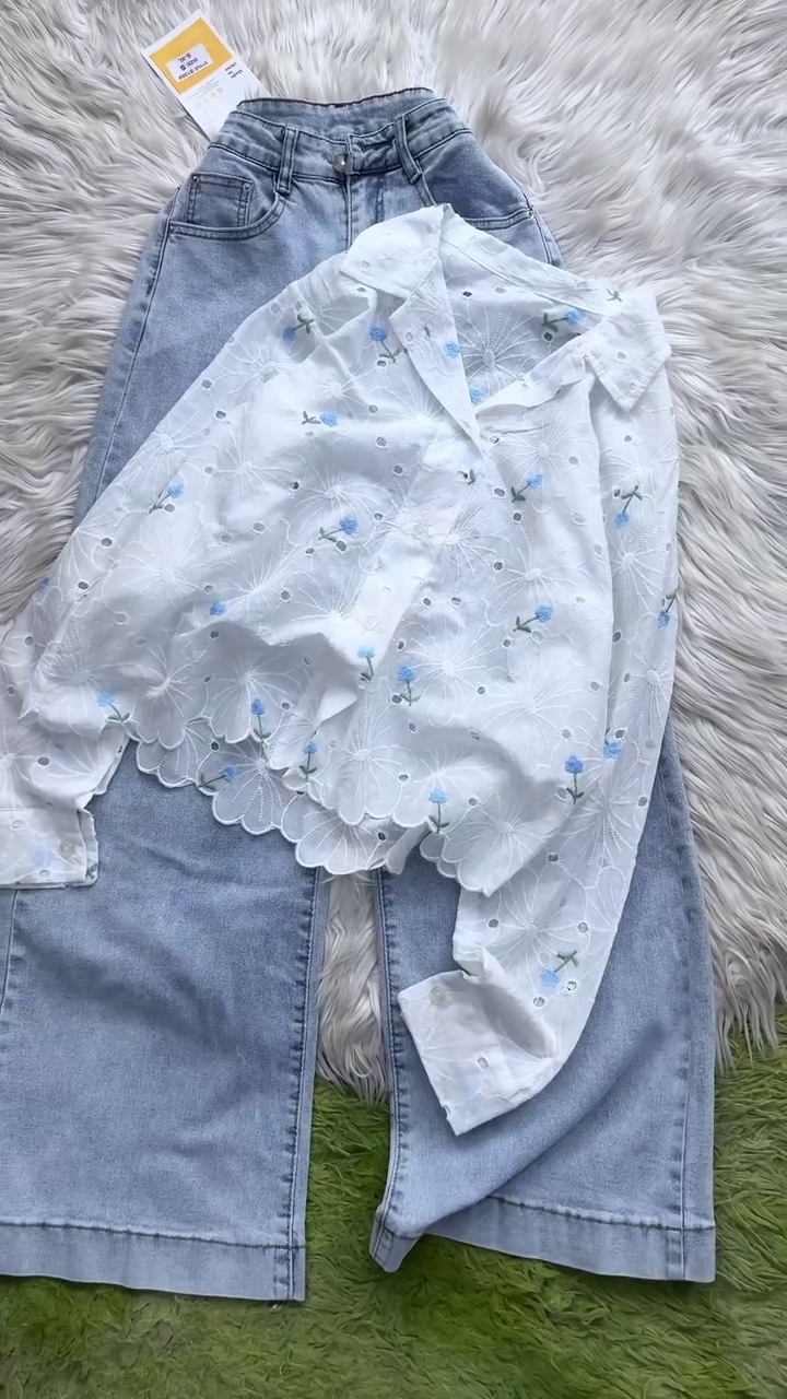 🤍 Premium White Floral Embroidered Eyelet Shirt with Light Wash High-Waist Wide-Leg Denim Jeans Combo Set | Elegant Casual Chic Fashion Outfit 🌸👖✨💖