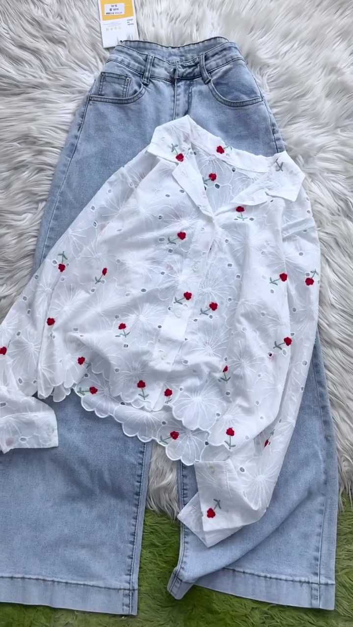 🤍 Premium White Floral Embroidered Eyelet Shirt with Light Wash High-Waist Wide-Leg Denim Jeans Combo Set | Elegant Casual Chic Fashion Outfit 🌸👖✨💖