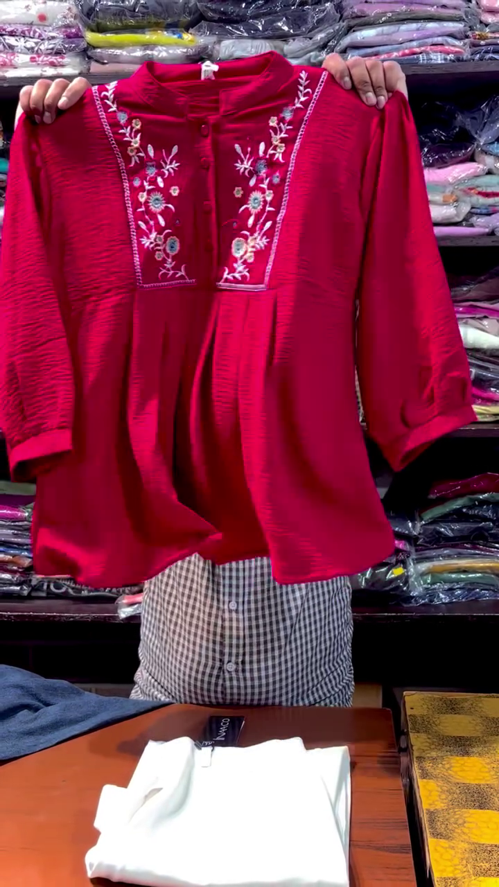 ❤️ Elegant Crimson Floral Embroidered Women's Peplum Kurti Top – Premium Casual Ethnic Fusion Tunic with Full Sleeves ✨🌸