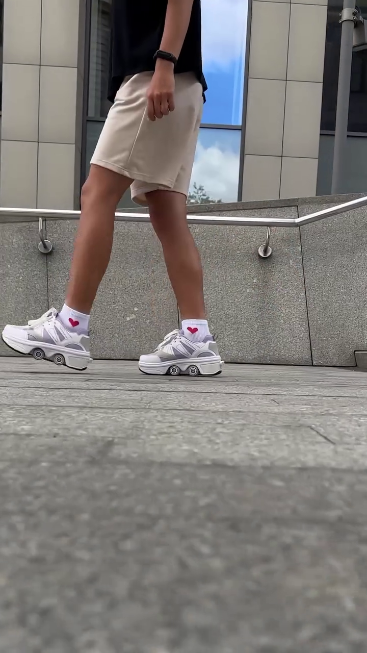 🛼✨ Premium White 2-in-1 Retractable Roller Skate Sneakers – Stylish Convertible Walking & Skating Sports Shoes for Kids & Teens 👟💨
