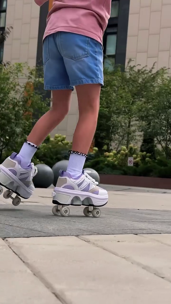 🛼✨ Premium White 2-in-1 Retractable Roller Skate Sneakers – Stylish Convertible Walking & Skating Sports Shoes for Kids & Teens 👟💨