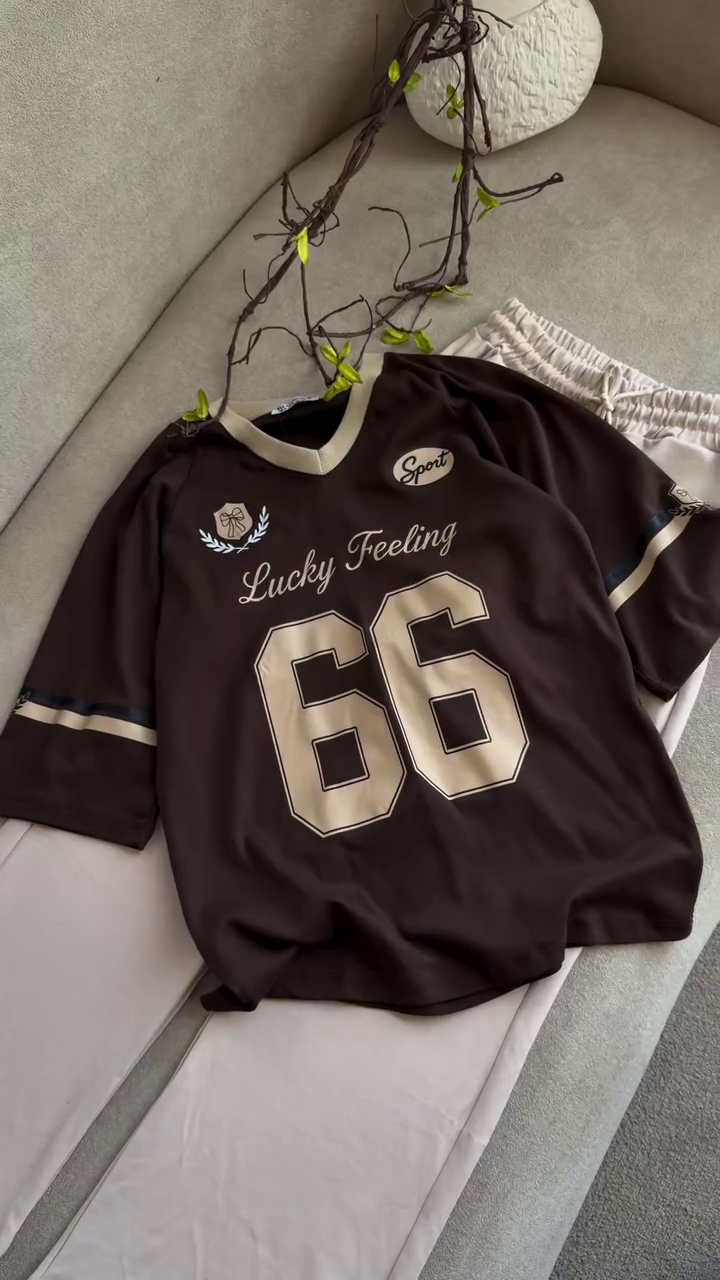 Lucky Feeling 66 Oversized Sports Co-Ord Set for Men & Women | Premium Jersey T-Shirt with Elastic Waist Shorts | Casual Streetwear Outfit