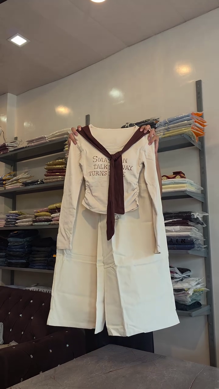 ✨ Trendy Cream Co-Ord Denim-Inspired Outfit for Women – Stylish Long-Sleeve Crop Top with Contrast Tie Detail & Wide-Leg Shorts Set ✨