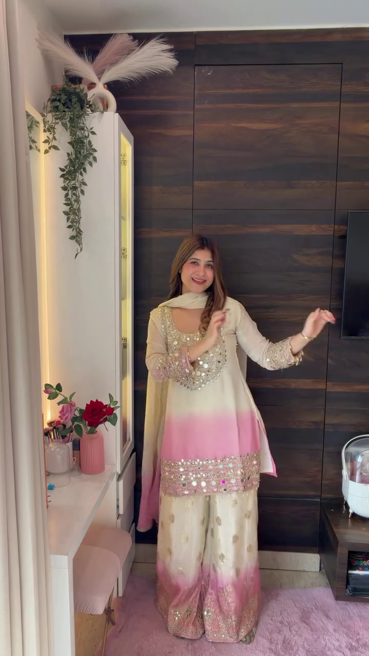 🌸 Women’s Premium Ombre Ethnic Suit Set with Mirror-Work Embellished Neckline, Gradient Pink & Ivory Kurta, Matching Wide-Leg Palazzo Pants and Coordinated Dupatta ✨👗