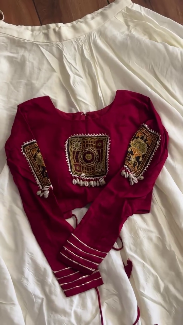 Women’s Traditional Deep Maroon Embroidered Ethnic Blouse with Intricate Decorative Patches & Shell Tassel Detailing | Statement Festive Crop Blouse for Saree, Lehenga & Ethnic Outfits ❤️✨🌺