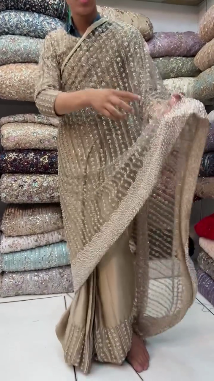 Women’s Luxury Champagne Beige Designer Saree with All-Over Shimmer Embellishment & Heavy Border Detailing | Elegant Party Wear Festive Draped Saree for Weddings, Receptions & Special Occasions ✨🤍🌟