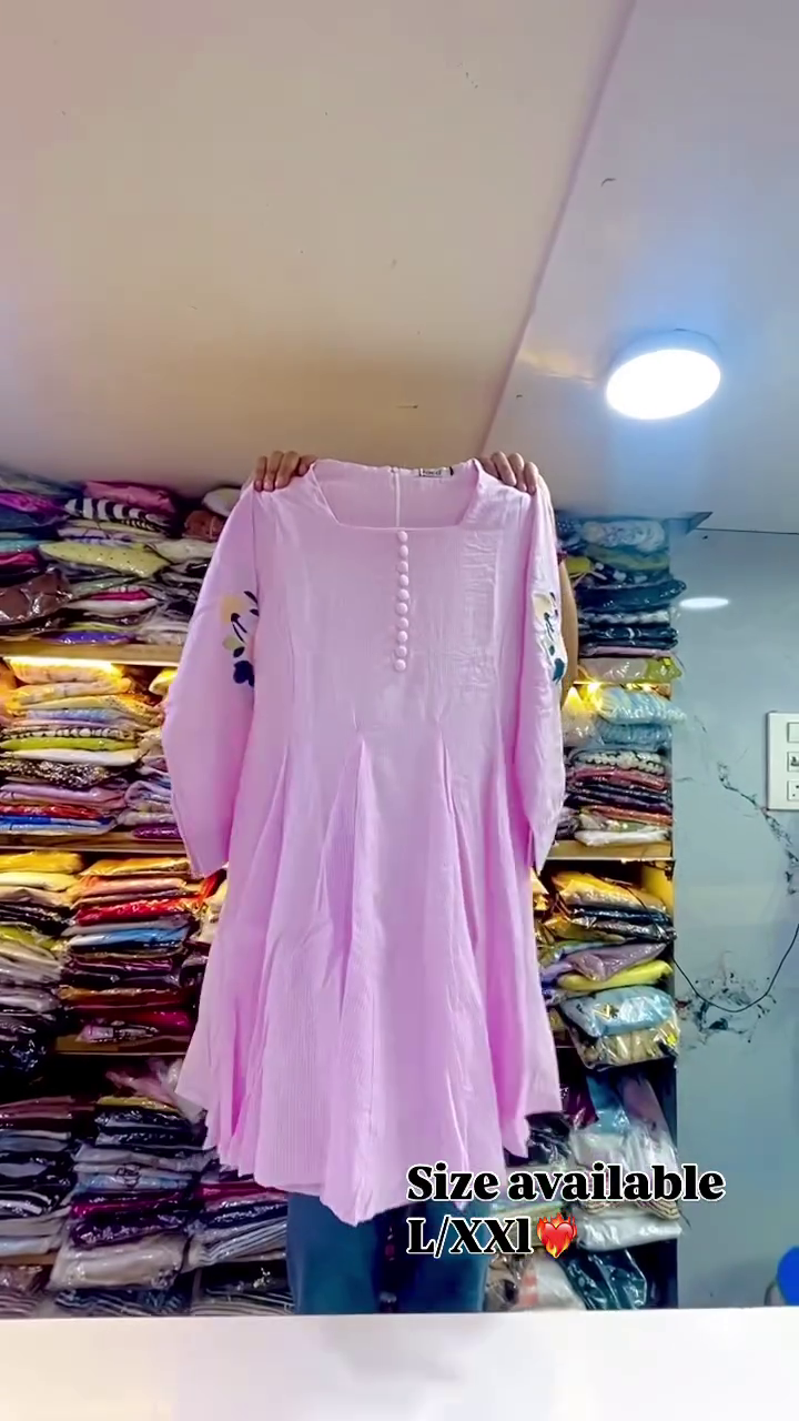Women’s Soft Pink Fine-Stripe Embroidered Flared Kurti with Floral Sleeve Embroidery & Button-Detail Neckline | Elegant Casual Ethnic Fusion Tunic for Everyday, Office & Festive Styling 🌷💗✨