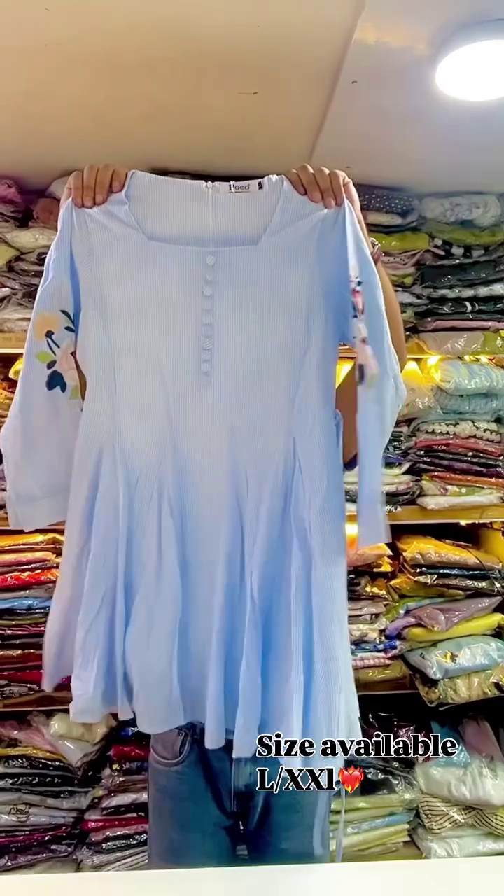 Women’s Soft Pink Fine-Stripe Embroidered Flared Kurti with Floral Sleeve Embroidery & Button-Detail Neckline | Elegant Casual Ethnic Fusion Tunic for Everyday, Office & Festive Styling 🌷💗✨