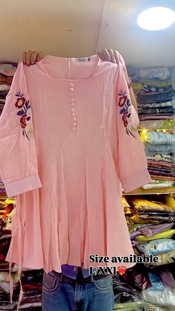 Women’s Soft Pink Fine-Stripe Embroidered Flared Kurti with Floral Sleeve Embroidery & Button-Detail Neckline | Elegant Casual Ethnic Fusion Tunic for Everyday, Office & Festive Styling 🌷💗✨