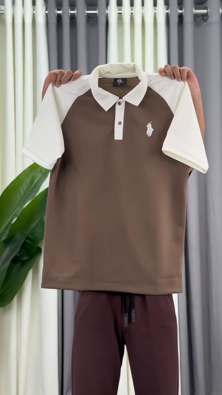 Men’s Premium Chocolate Brown & Cream Contrast Polo Shirt with Matching Relaxed-Fit Drawstring Pants | Stylish Casual Two-Piece Co-Ord Set | Modern Comfortable Everyday Streetwear Outfit 🤎🤍✨