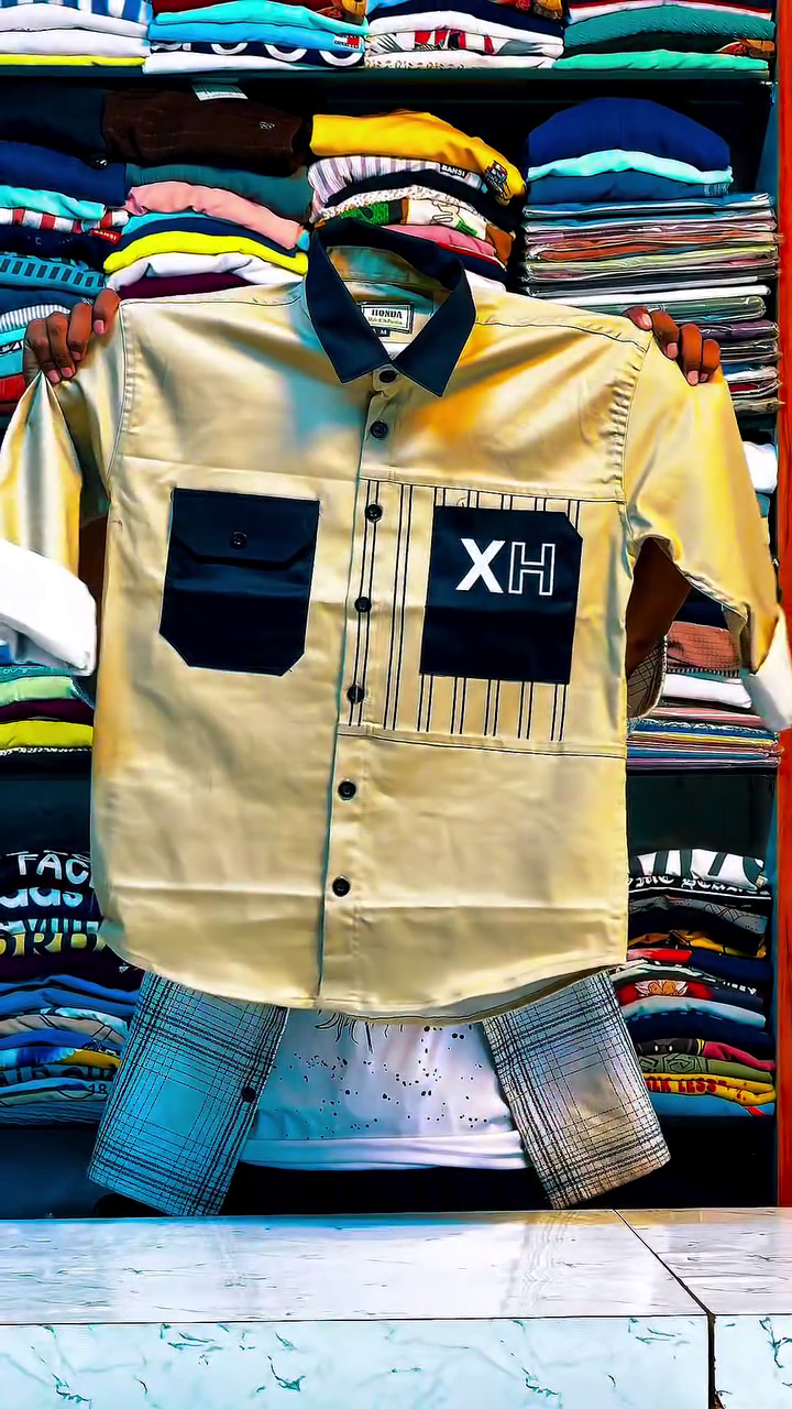 ✨ Kids’ Stylish Yellow Half-Sleeve Collared Shirt with Contrast Pocket Detailing & Matching Checked Shorts Two-Piece Casual Set 👕🩳💛