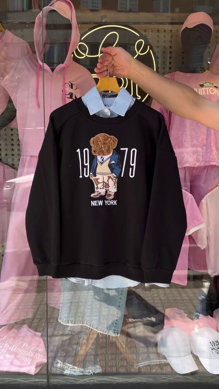 🧸 Premium-Look Navy Blue Teddy Bear Graphic Full-Sleeve Sweatshirt with Striped Shirt-Layer Detail | Cute New York Inspired Casual Winter Pullover ✨🧥