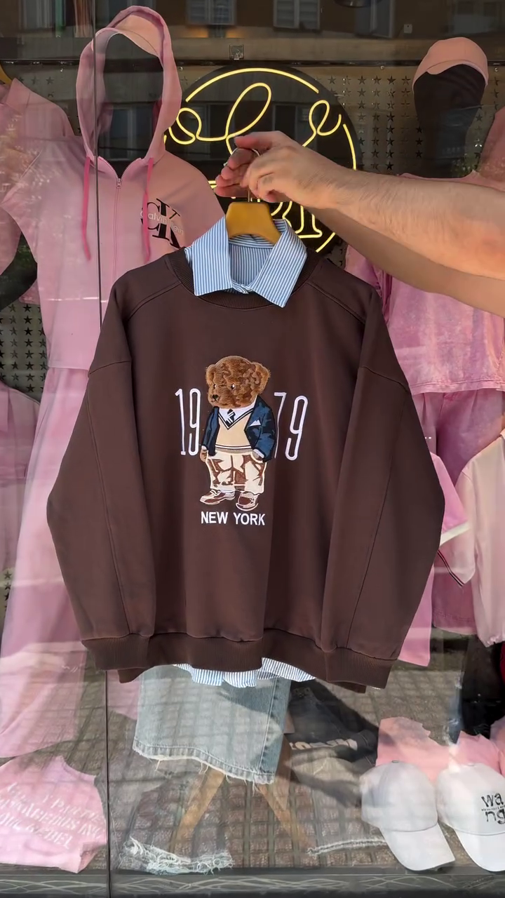 🧸 Premium-Look Navy Blue Teddy Bear Graphic Full-Sleeve Sweatshirt with Striped Shirt-Layer Detail | Cute New York Inspired Casual Winter Pullover ✨🧥