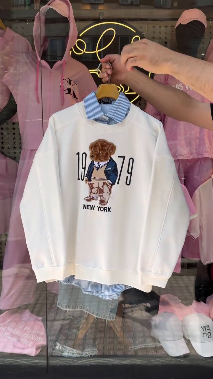 🧸 Premium-Look Navy Blue Teddy Bear Graphic Full-Sleeve Sweatshirt with Striped Shirt-Layer Detail | Cute New York Inspired Casual Winter Pullover ✨🧥