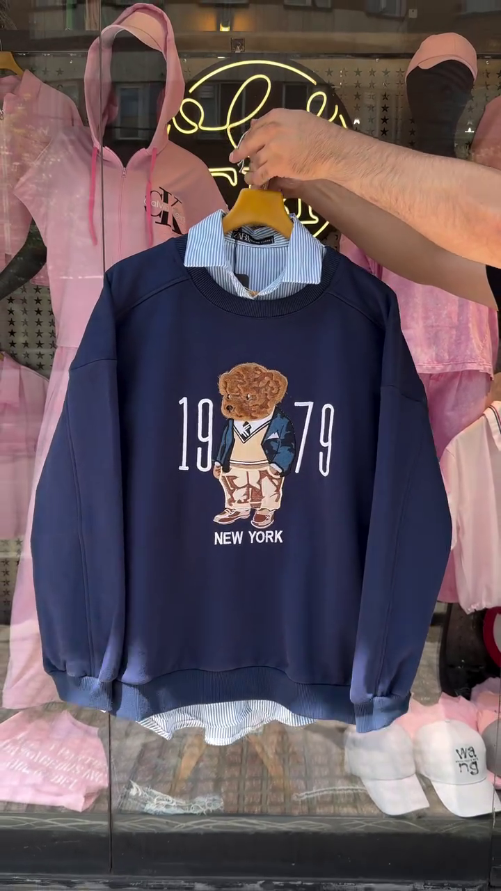 🧸 Premium-Look Navy Blue Teddy Bear Graphic Full-Sleeve Sweatshirt with Striped Shirt-Layer Detail | Cute New York Inspired Casual Winter Pullover ✨🧥