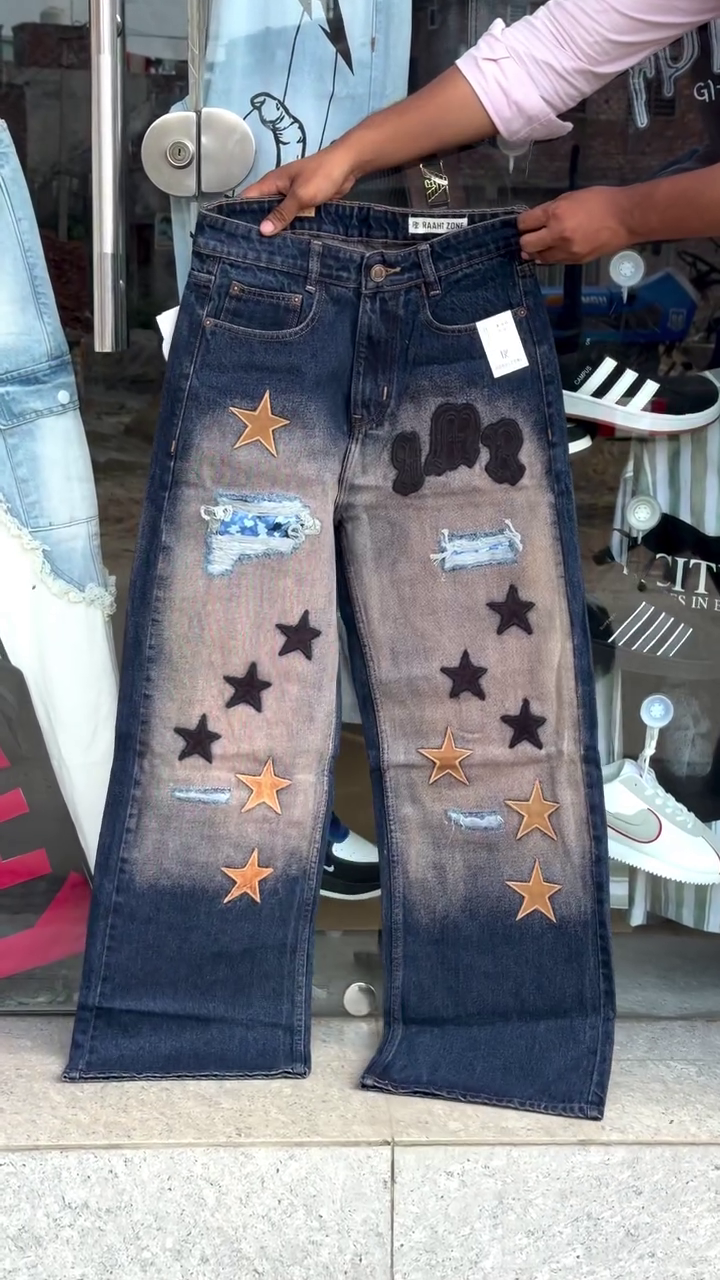 ⭐ Trendy Dark Blue Star Patch Wide-Leg Denim Jeans for Women | Stylish Distressed Embroidery Detail High-Fashion Casual Streetwear Trousers 👖✨