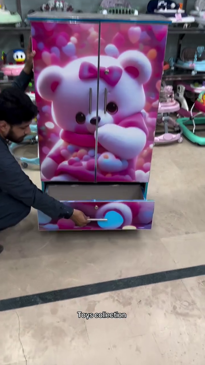 Cute Pink Teddy Bear Printed Multi-Purpose Storage Cabinet with Double Doors & Bottom Drawer – Adorable Kids’ Toy, Clothes, Books & Home Organization Cupboard with Wheels