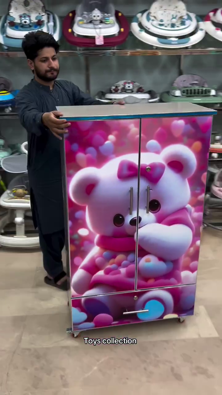 Cute Pink Teddy Bear Printed Multi-Purpose Storage Cabinet with Double Doors & Bottom Drawer – Adorable Kids’ Toy, Clothes, Books & Home Organization Cupboard with Wheels