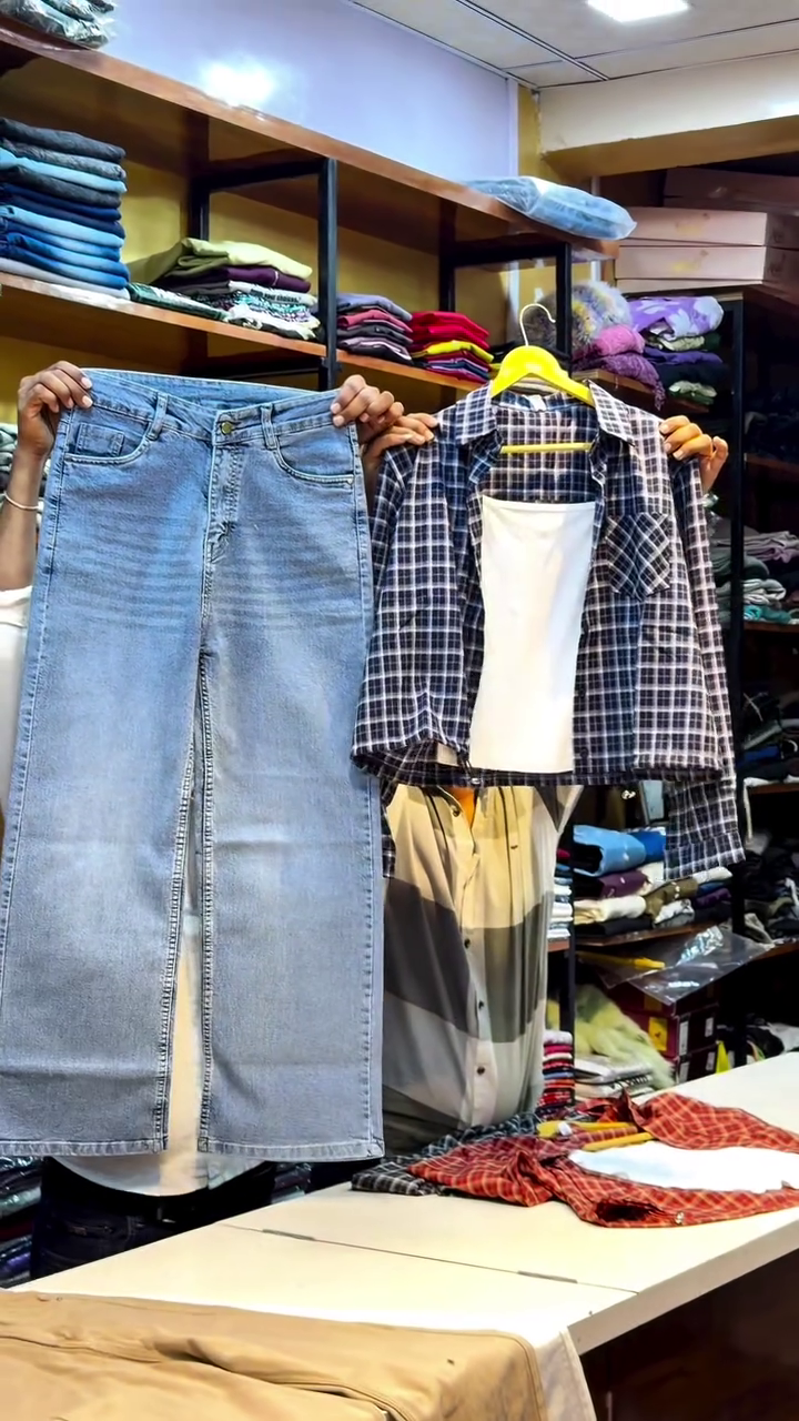 Trendy Casual Denim Jeans with Checked Overshirt & Inner Top Layered Co-Ord Outfit – Modern Relaxed-Fit Streetwear Set for Stylish Everyday, College, Travel & Casual Looks