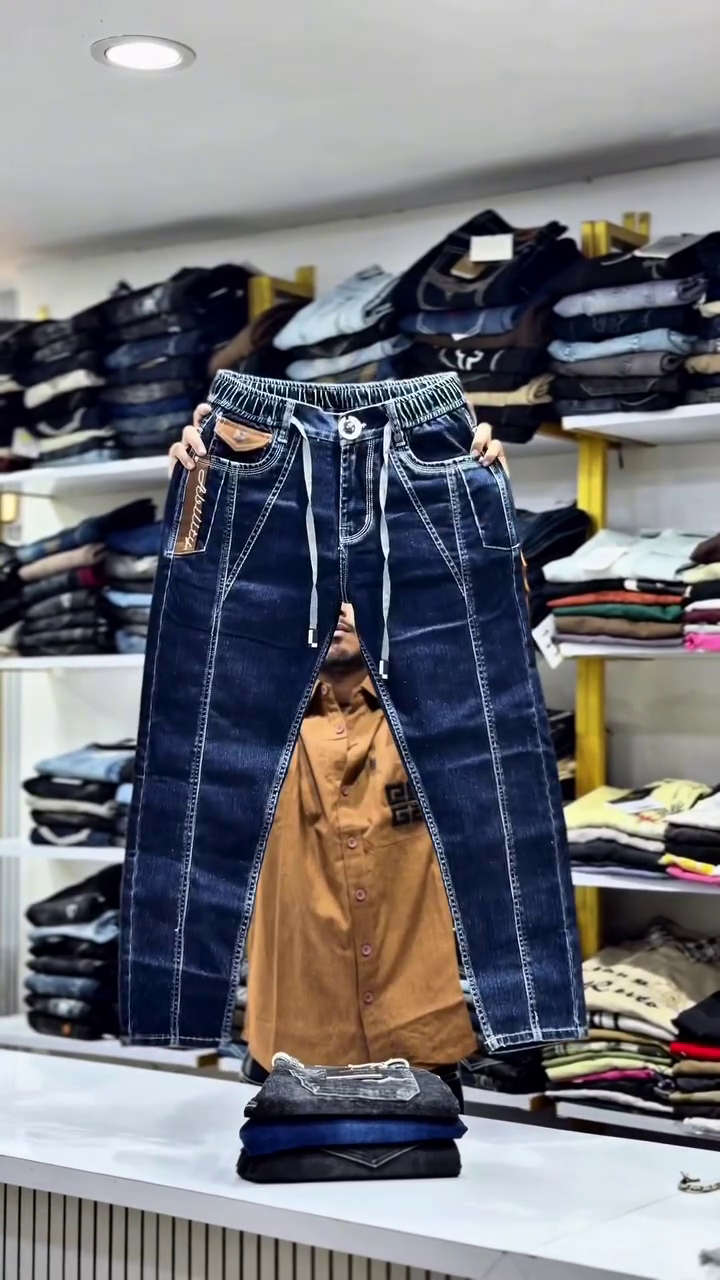 Boys’ Premium Dark Blue Denim-Style Casual Jogger Pants with Elasticated Waistband, Adjustable Drawstring, Multiple Utility Pockets, Contrast White Stitching and Contemporary Slim-Tapered Silhouette 💙✨👖