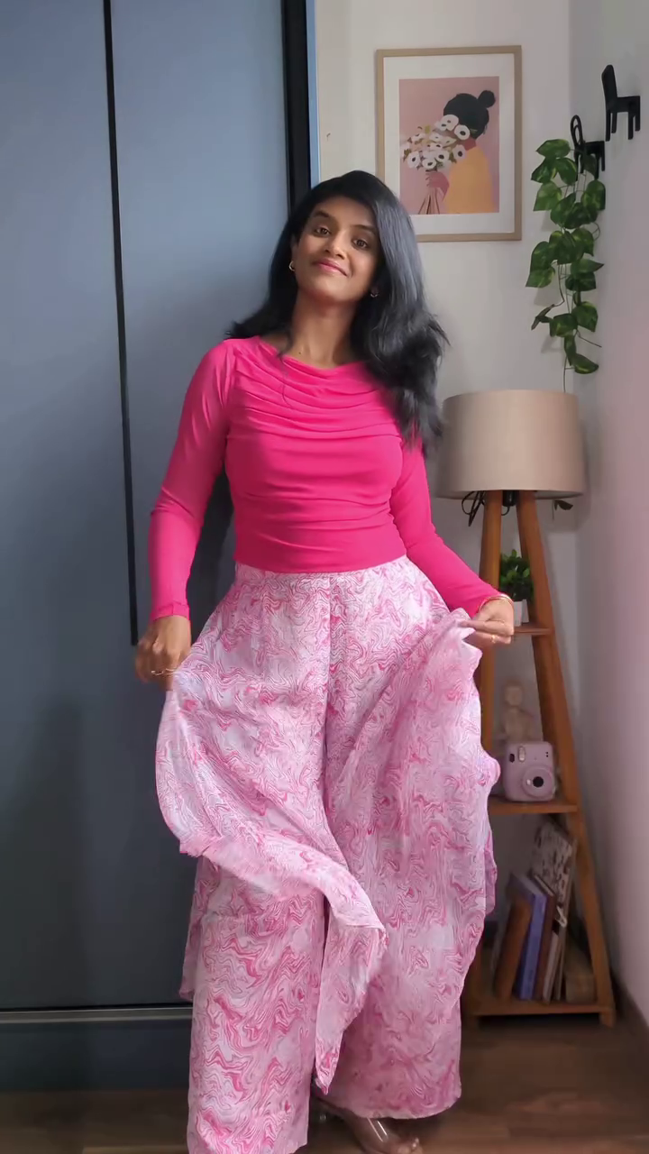 Women’s Fashion-Forward Hot Pink Full-Sleeve Ruched Boat-Neck Top with Elegant Draped Front Detailing Paired with Flowing Pink Printed Wide-Leg Palazzo Pants for Chic Contemporary Styling 💗✨🌸
