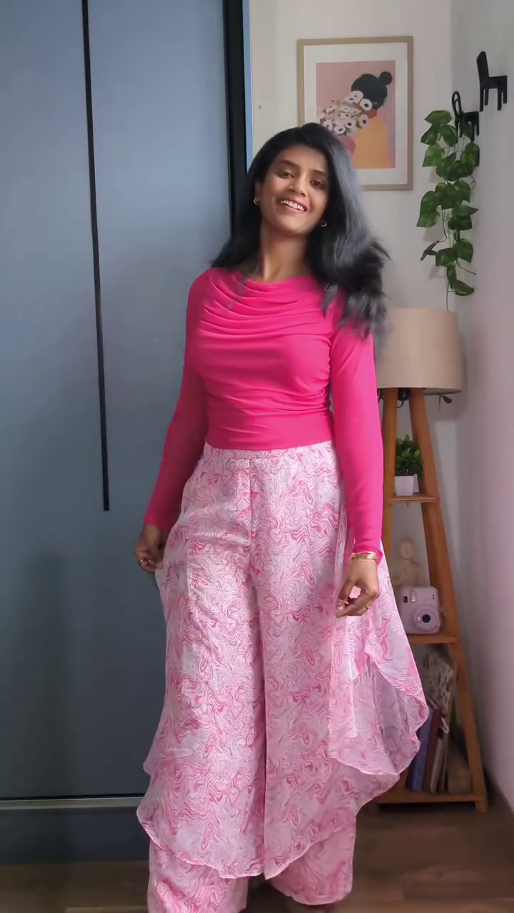 Women’s Fashion-Forward Hot Pink Full-Sleeve Ruched Boat-Neck Top with Elegant Draped Front Detailing Paired with Flowing Pink Printed Wide-Leg Palazzo Pants for Chic Contemporary Styling 💗✨🌸