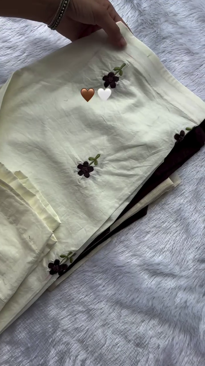 Women’s Elegant Ivory Traditional Fabric Set with Delicate Hand-Style Floral Embroidery, Minimal Botanical Motifs and Coordinated Dark Contrast Bottom Fabric for Sophisticated Ethnic Custom Styling 🤍🌸✨