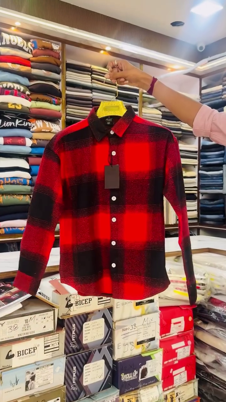 Men’s Trendy Red and White Oversized Checked Full-Sleeve Shirt Jacket with Button Front, Roll-Up Sleeve Styling, Relaxed Fit and Comfortable Inner T-Shirt for Layered Casual Fashion ❤️🤍✨