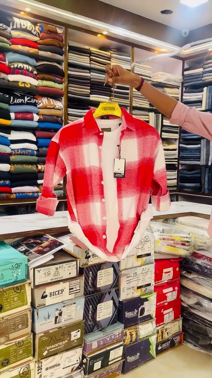 Men’s Trendy Red and White Oversized Checked Full-Sleeve Shirt Jacket with Button Front, Roll-Up Sleeve Styling, Relaxed Fit and Comfortable Inner T-Shirt for Layered Casual Fashion ❤️🤍✨