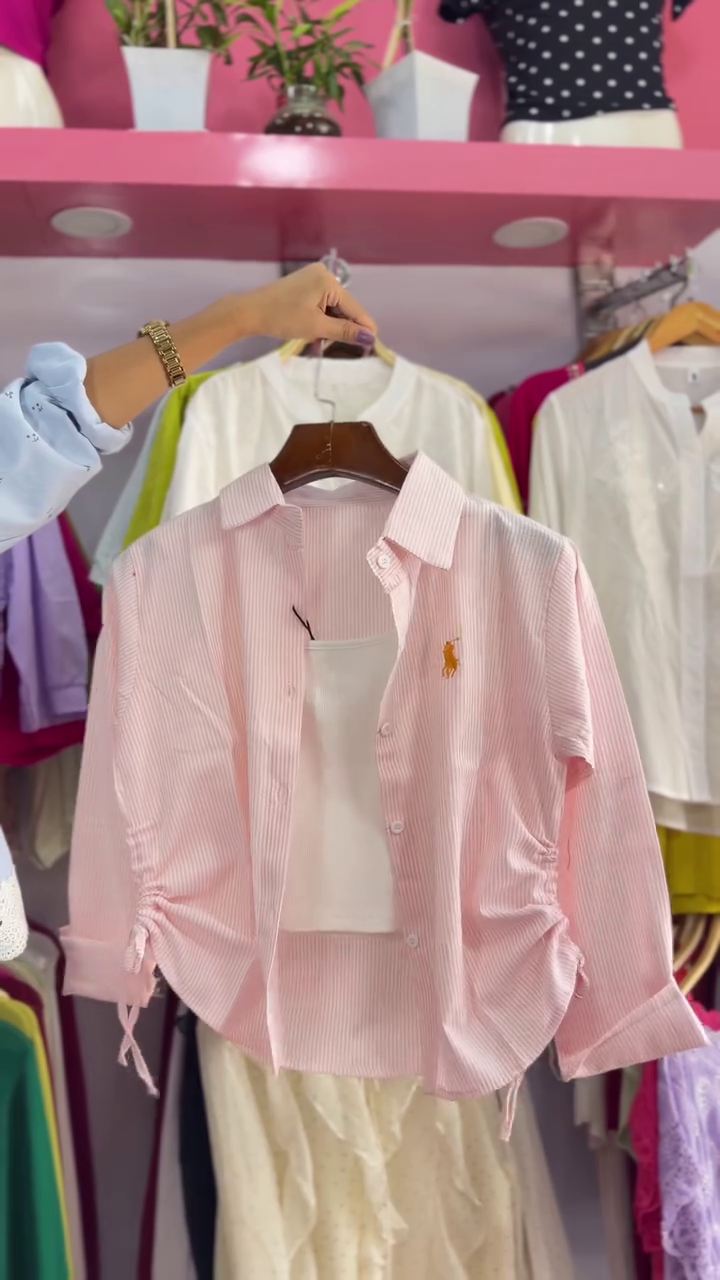💜 Elegant Purple and White Striped Button-Down Long-Sleeve Shirt with Drawstring Sides and Inner White Camisole Combo 💜