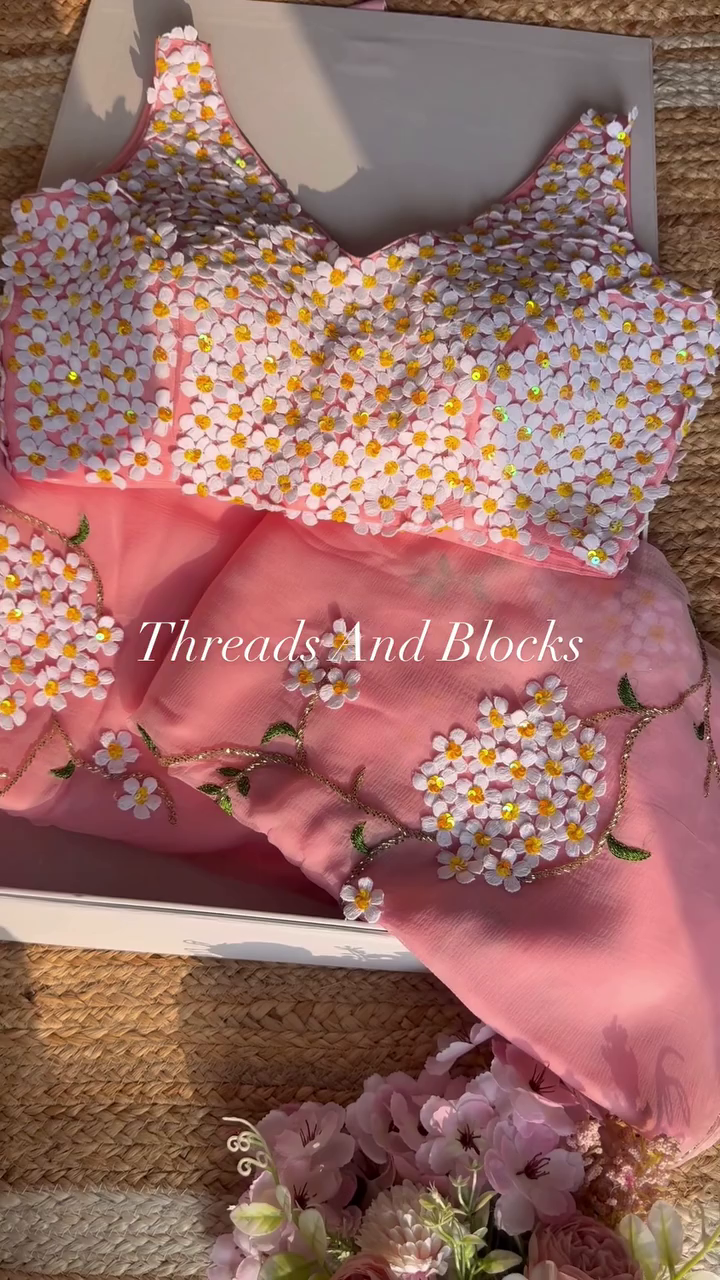 🌸 Threads And Blocks Luxury Peach Fabric Draped with 3D White and Yellow Daisy Appliqué Floral Blouse Design 🌸