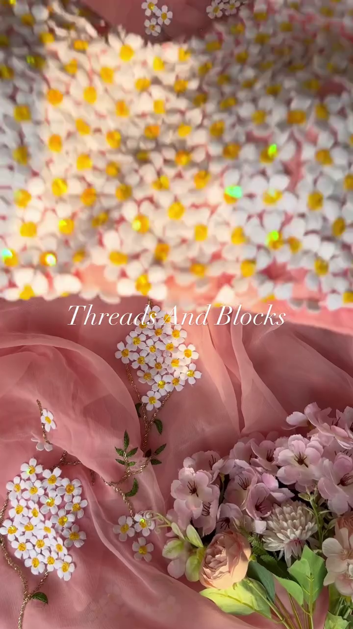 🌸 Threads And Blocks Luxury Peach Fabric Draped with 3D White and Yellow Daisy Appliqué Floral Blouse Design 🌸
