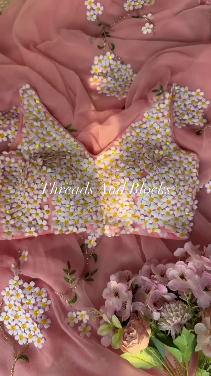 🌸 Threads And Blocks Luxury Peach Fabric Draped with 3D White and Yellow Daisy Appliqué Floral Blouse Design 🌸