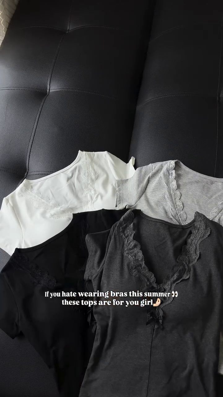 🖤 Elegant Short-Sleeve Ribbed T-Shirts with Lace-Trimmed V-Neckline and Front Bow Ribbon Detailing (Available in Black, Dark Grey, Light Grey, and White) 🖤