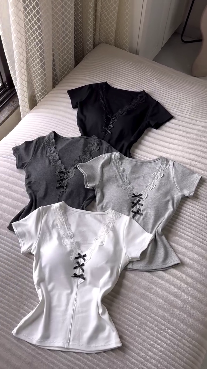 🖤 Elegant Short-Sleeve Ribbed T-Shirts with Lace-Trimmed V-Neckline and Front Bow Ribbon Detailing (Available in Black, Dark Grey, Light Grey, and White) 🖤