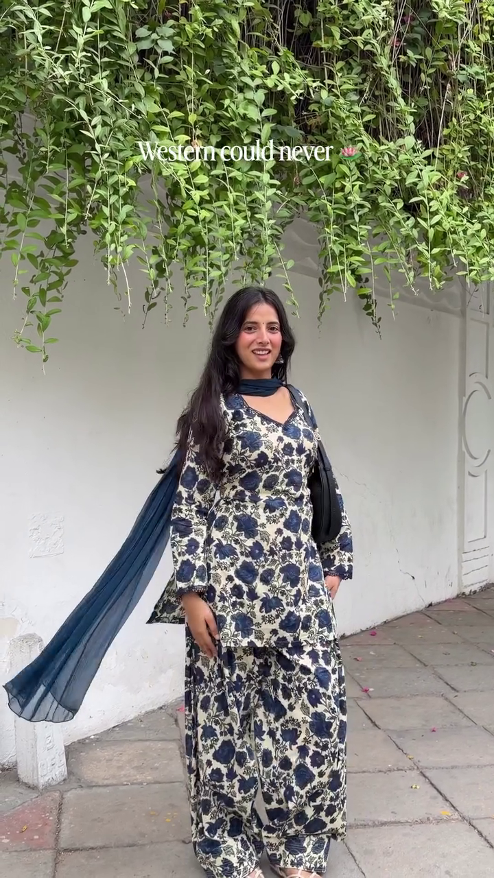 Elegant Blue and White Floral Printed Traditional Kurti Set Featuring a Matching Dupatta and Flared Sharara Pants 💙